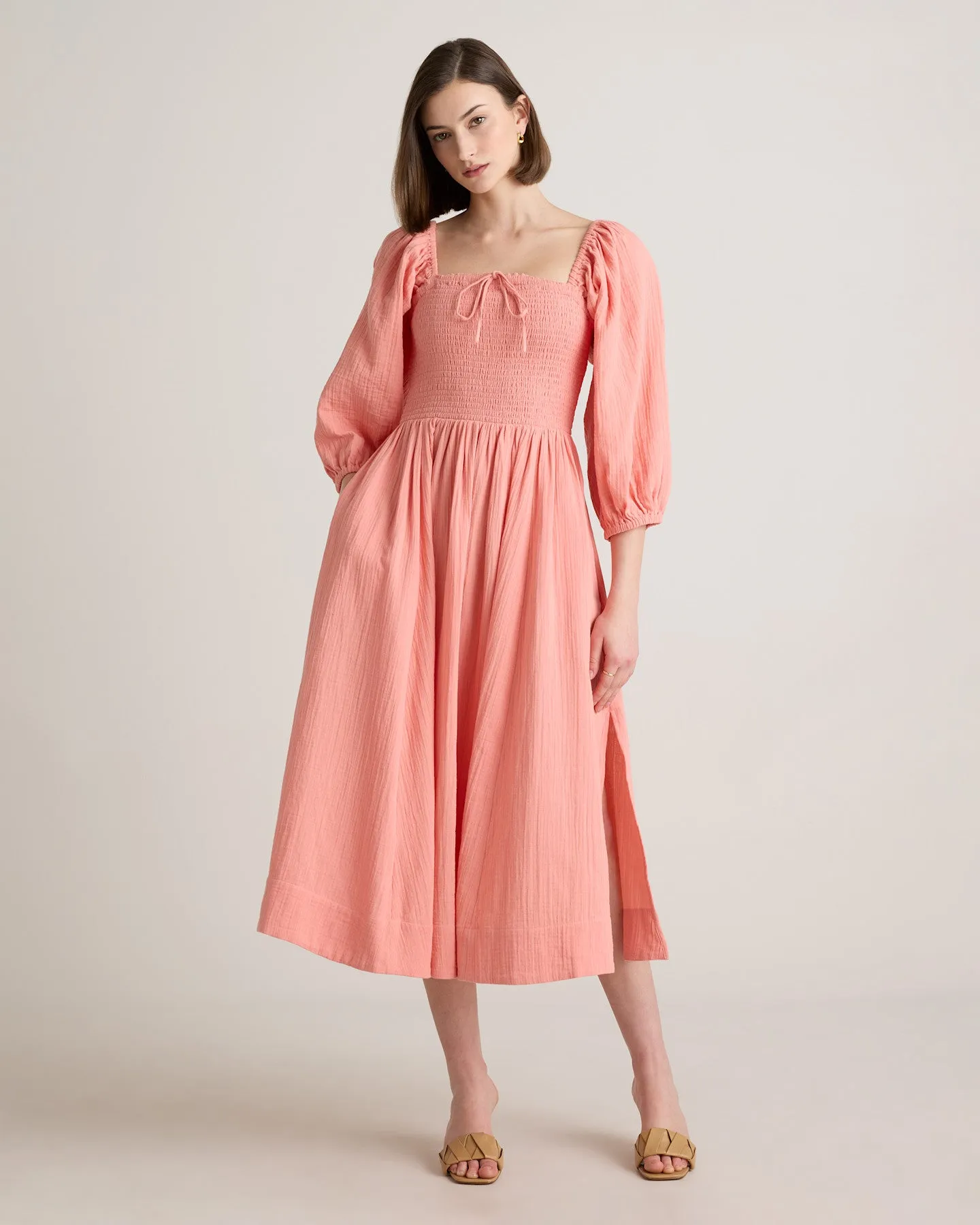 100% Organic Cotton Gauze Smocked Square Neck Midi Dress