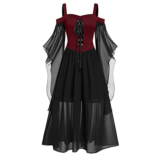 AMhomely Halloween Dress Medieval Costume Women Butterfly Sleeve Maxi Dress Cold Shoulder Steampunk Corset Dress for Women Gothic Clothes Wine