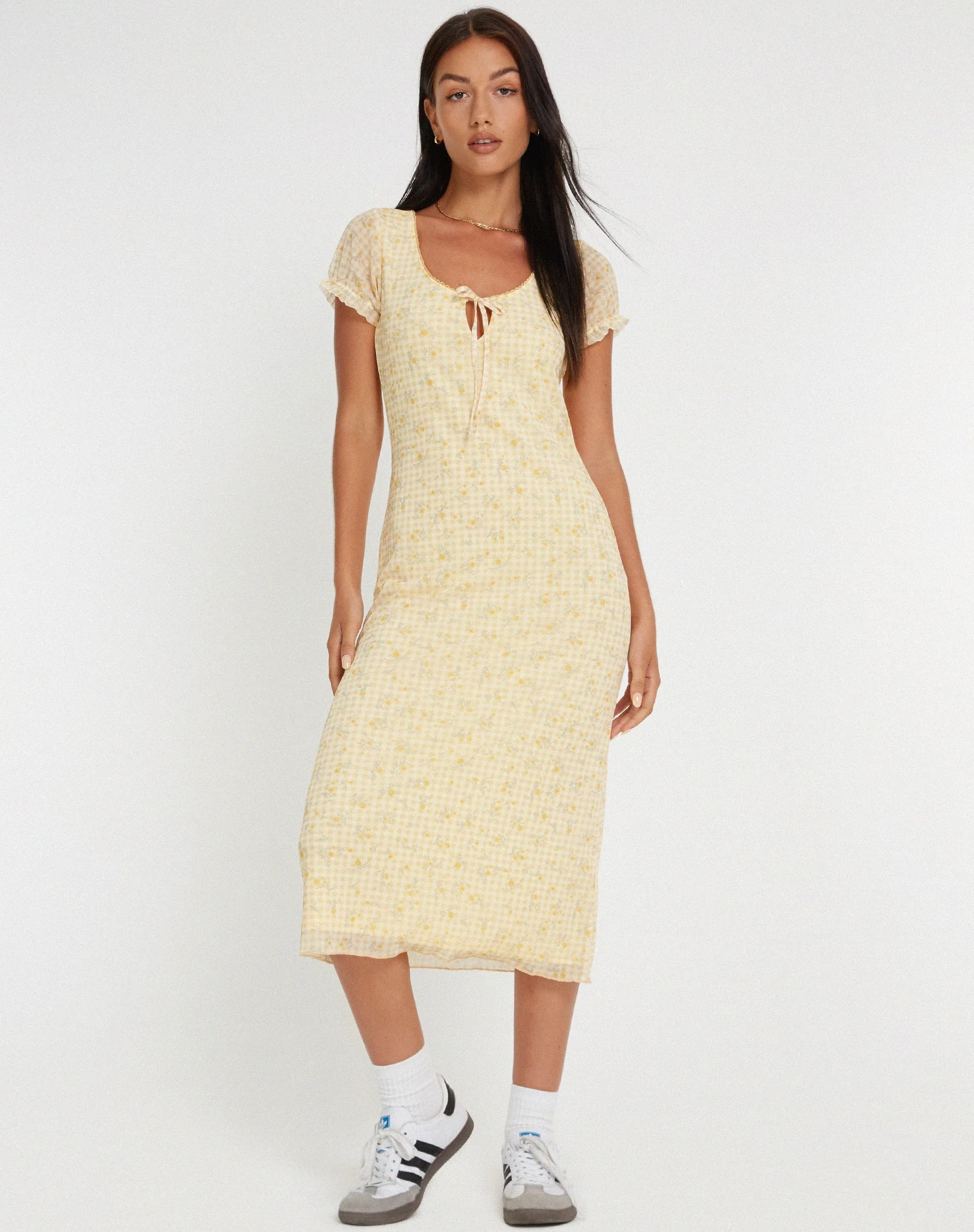 Aroha Midi Dress in Gingham Floral Yellow