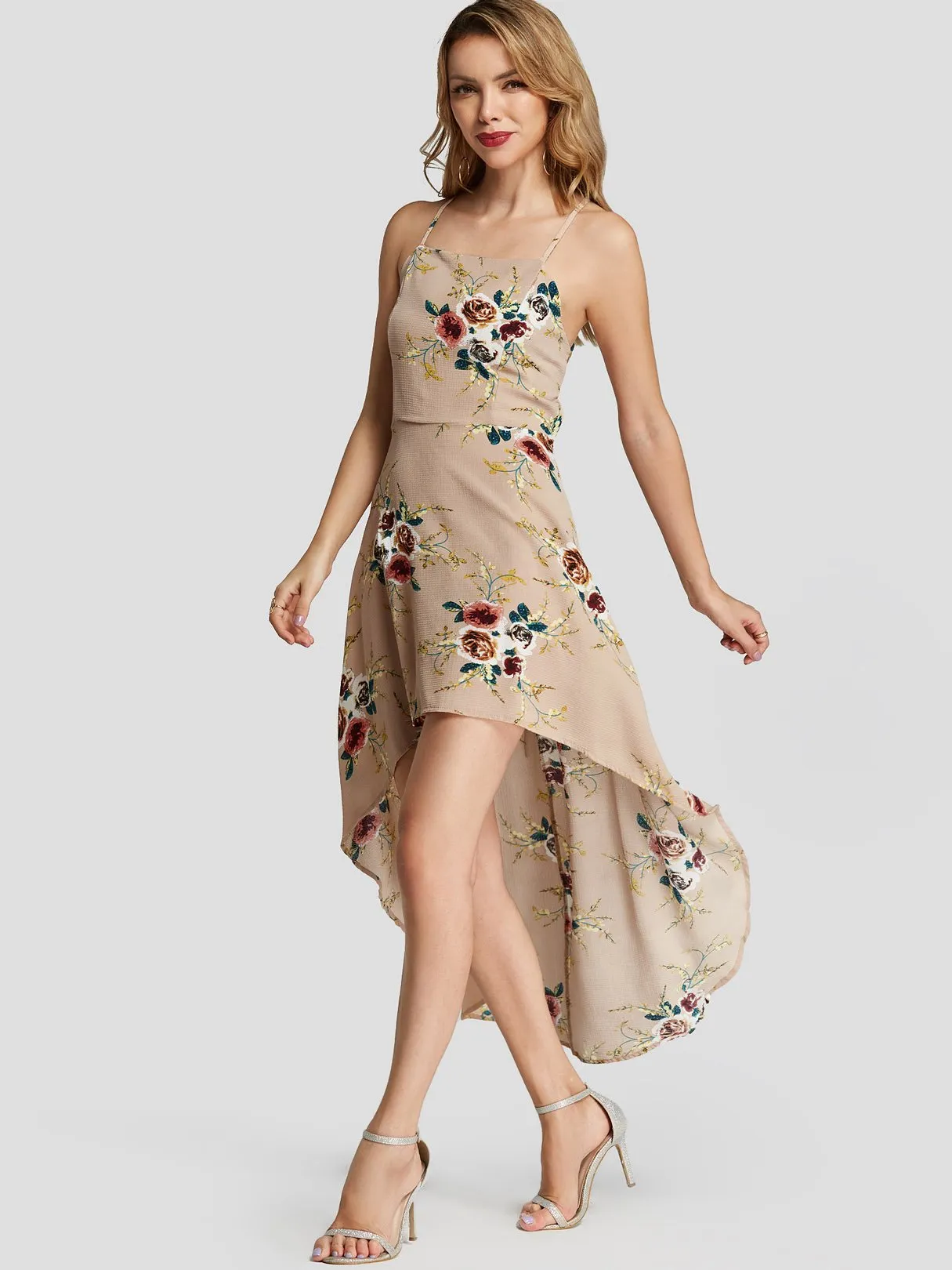 Bateau Sleeveless Floral Print Dresses