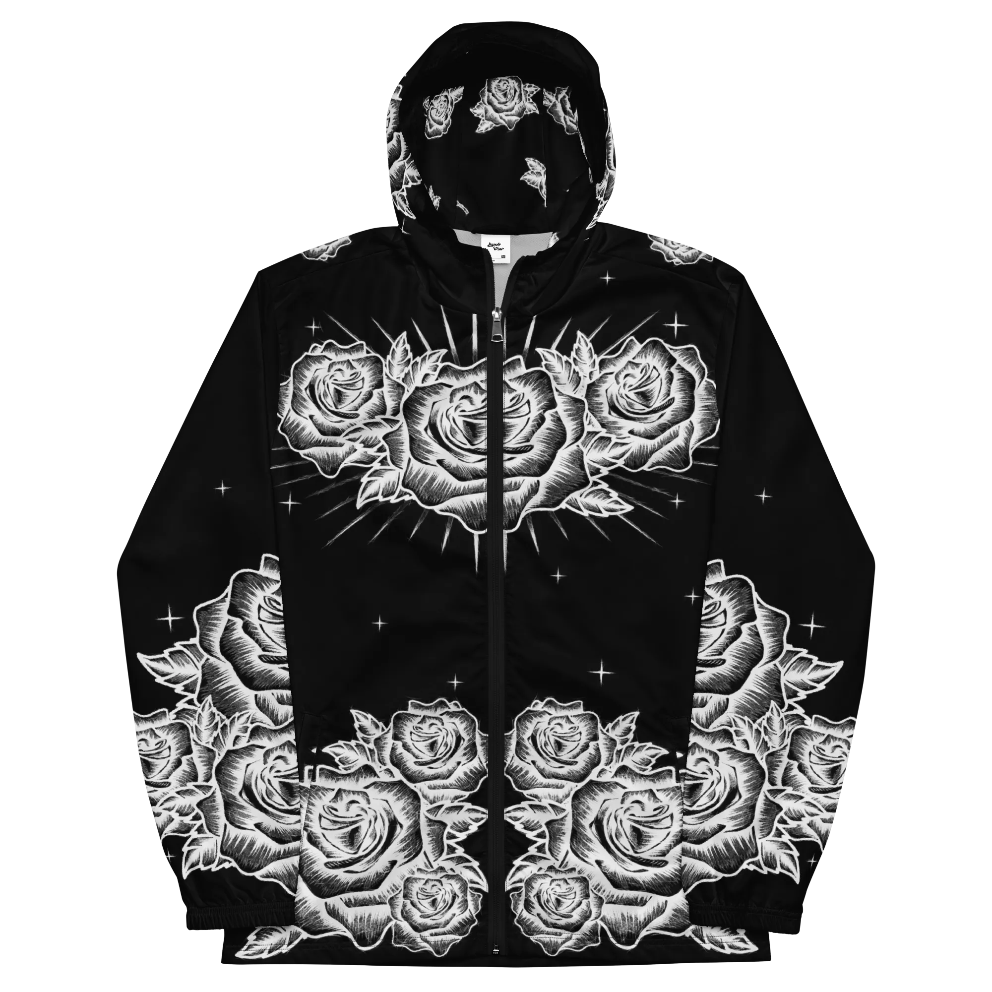 Black and White, Chicano Pen Ink Style Roses - Unisex Waterproof Windbreaker Jacket