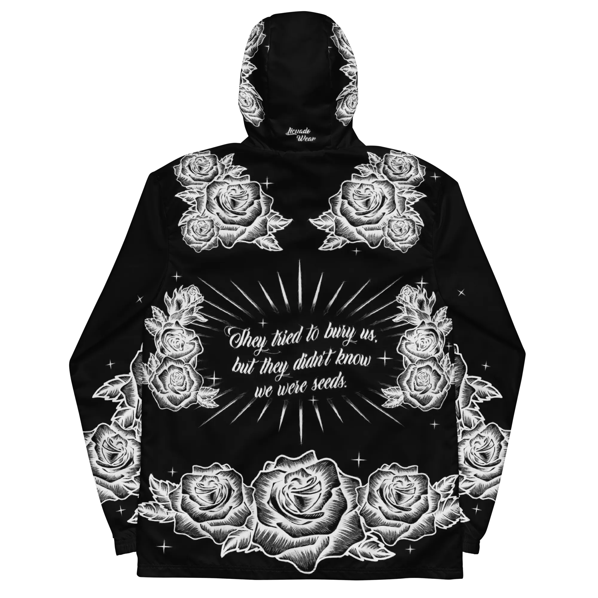 Black and White, Chicano Pen Ink Style Roses - Unisex Waterproof Windbreaker Jacket