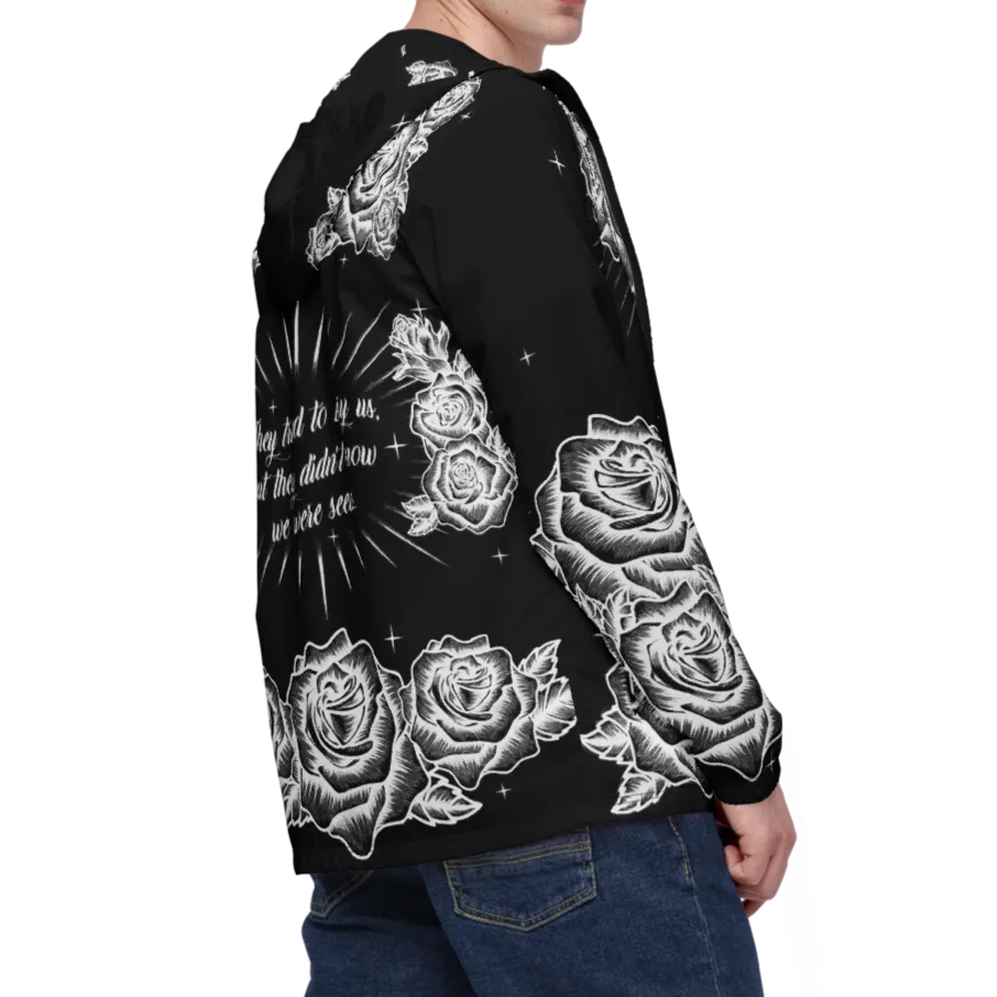 Black and White, Chicano Pen Ink Style Roses - Unisex Waterproof Windbreaker Jacket