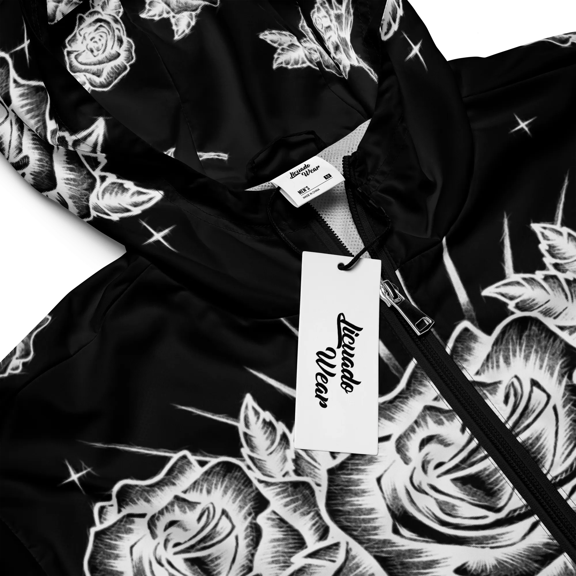 Black and White, Chicano Pen Ink Style Roses - Unisex Waterproof Windbreaker Jacket