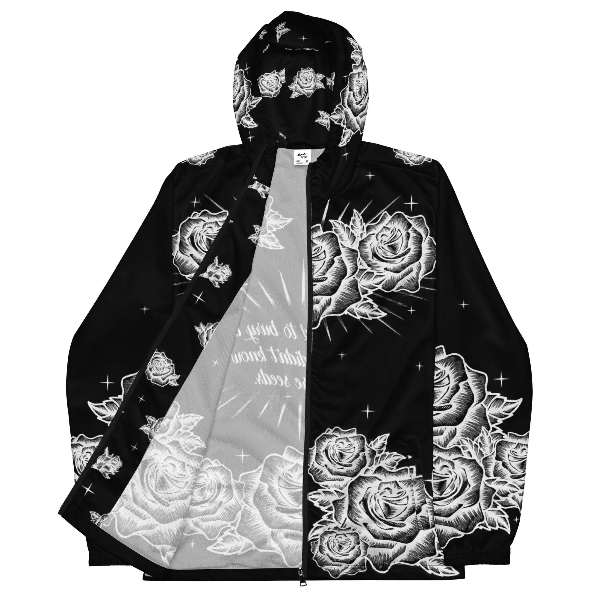 Black and White, Chicano Pen Ink Style Roses - Unisex Waterproof Windbreaker Jacket