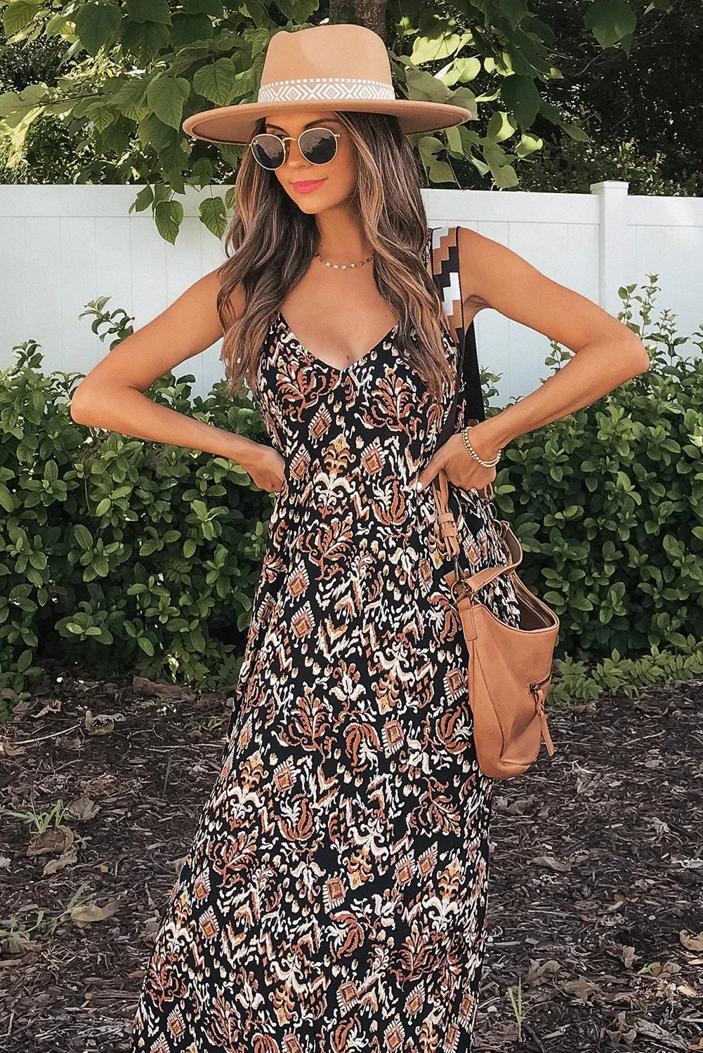 Black Boho Retro Printed Spaghetti Strap V Neck Maxi Dress