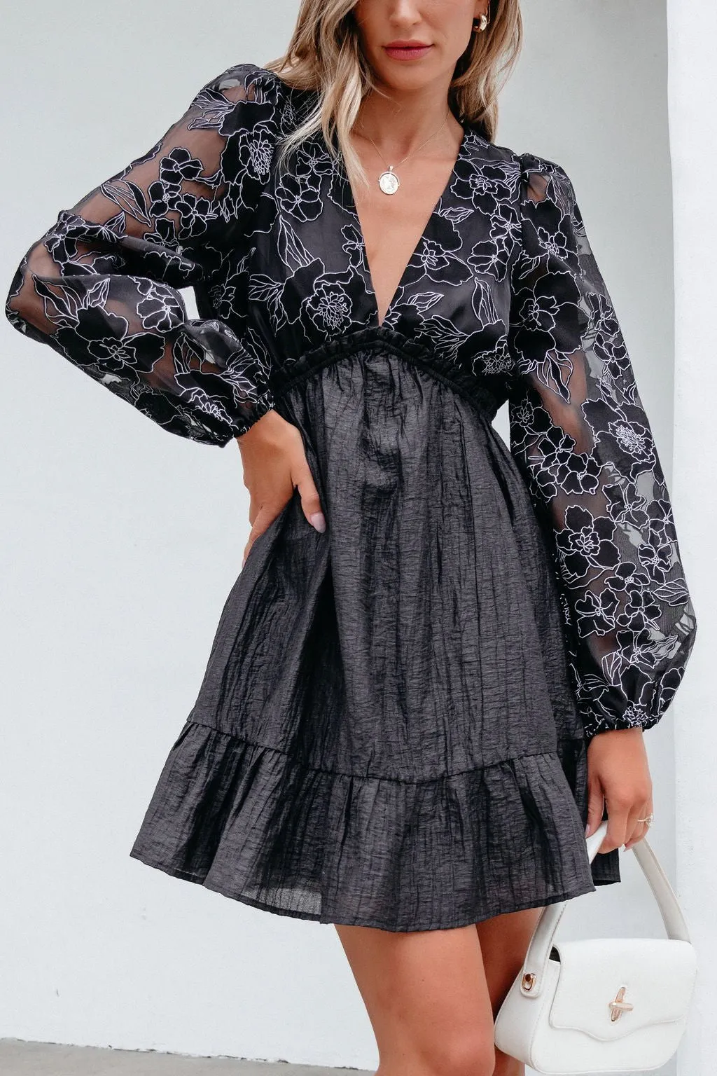 Black Floral Sheer Sleeve Textured Mini Dress