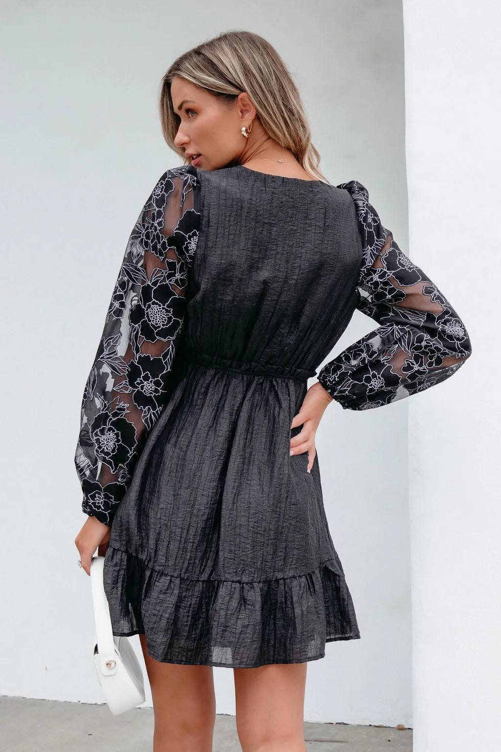 Black Floral Sheer Sleeve Textured Mini Dress