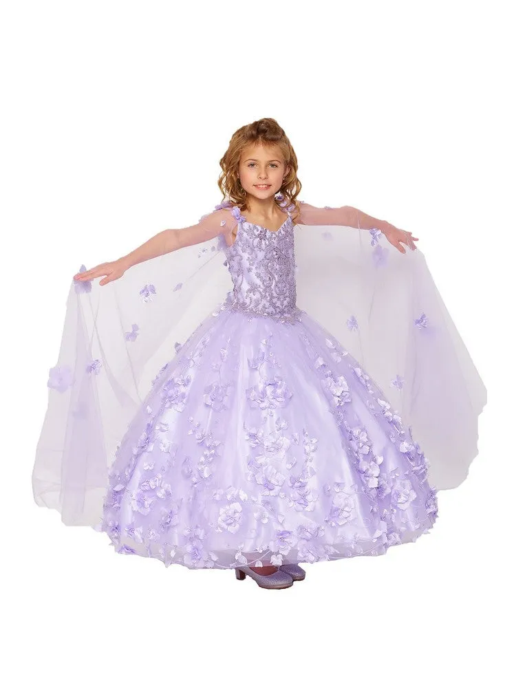 Bliss Little Girls Lilac 3D Stone Pearl Sweetheart Floral Cape Ball Gown 2-6