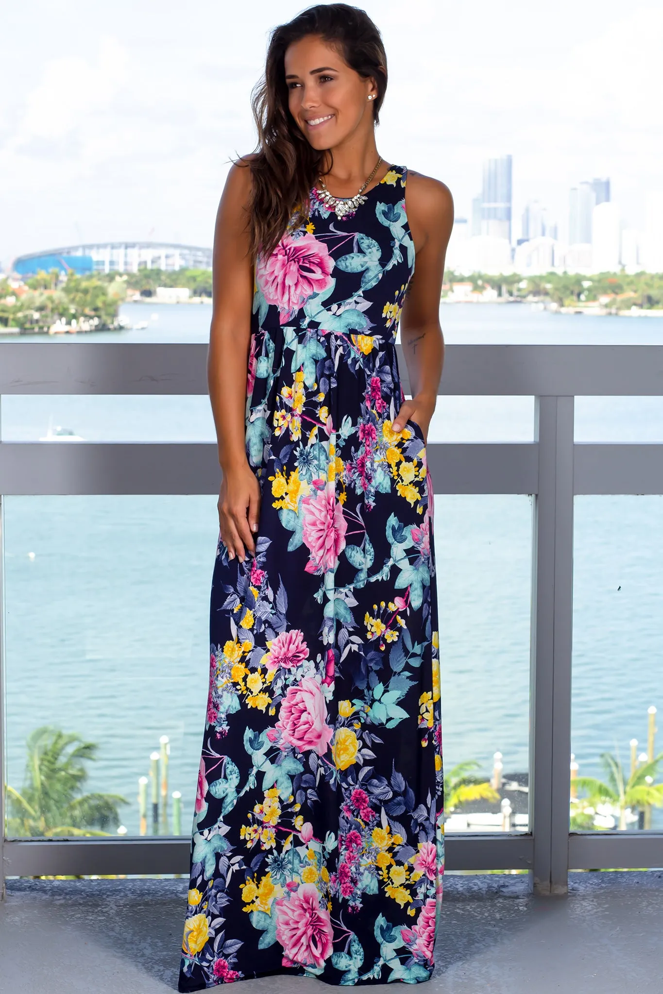 Blue Floral Printed Maxi Dress with Pockets