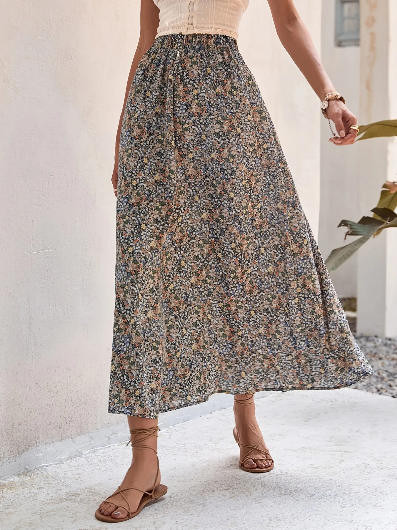 Bohemian Ditsy Floral Long High Waist Swing Flowy Maxi Skirt