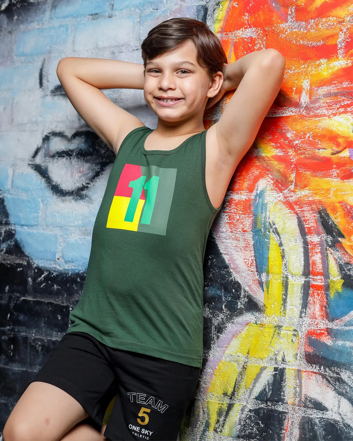 Boys Summer Tank T-Shirt - Cotton Sleeveless Regular Fit Innerwear Tee, Green