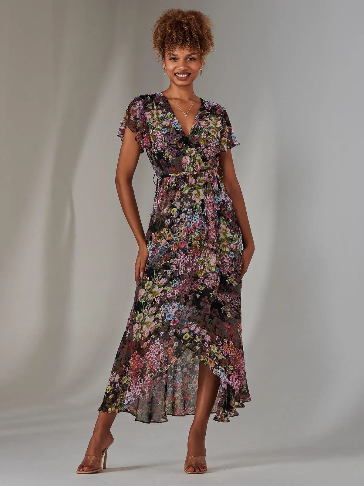 Chiffon Print Frill Dip Hem Maxi Dress, Black Floral