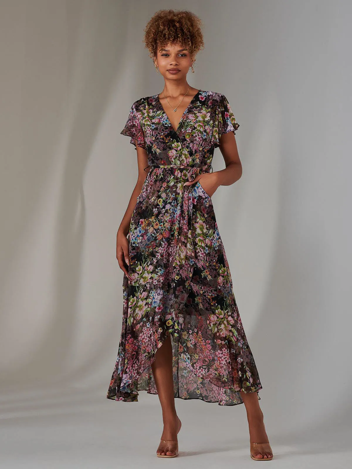 Chiffon Print Frill Dip Hem Maxi Dress, Black Floral