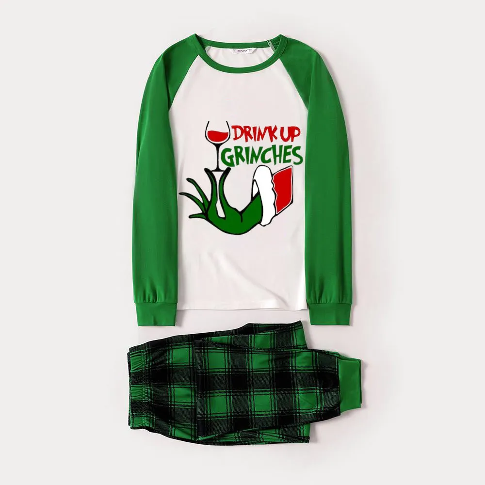 Christmas Cute Cartoon Wine Glass and 'Drink Up' Letter Print Casual Long Sleeve Sweatshirts Green Contrast Tops and Black and Green Plaid Pants  Family Matching Raglan Long-sleeve Pajamas Sets