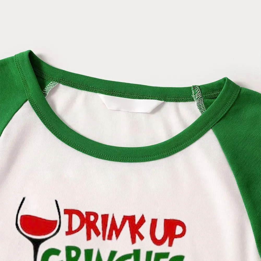 Christmas Cute Cartoon Wine Glass and 'Drink Up' Letter Print Casual Long Sleeve Sweatshirts Green Contrast Tops and Black and Green Plaid Pants  Family Matching Raglan Long-sleeve Pajamas Sets