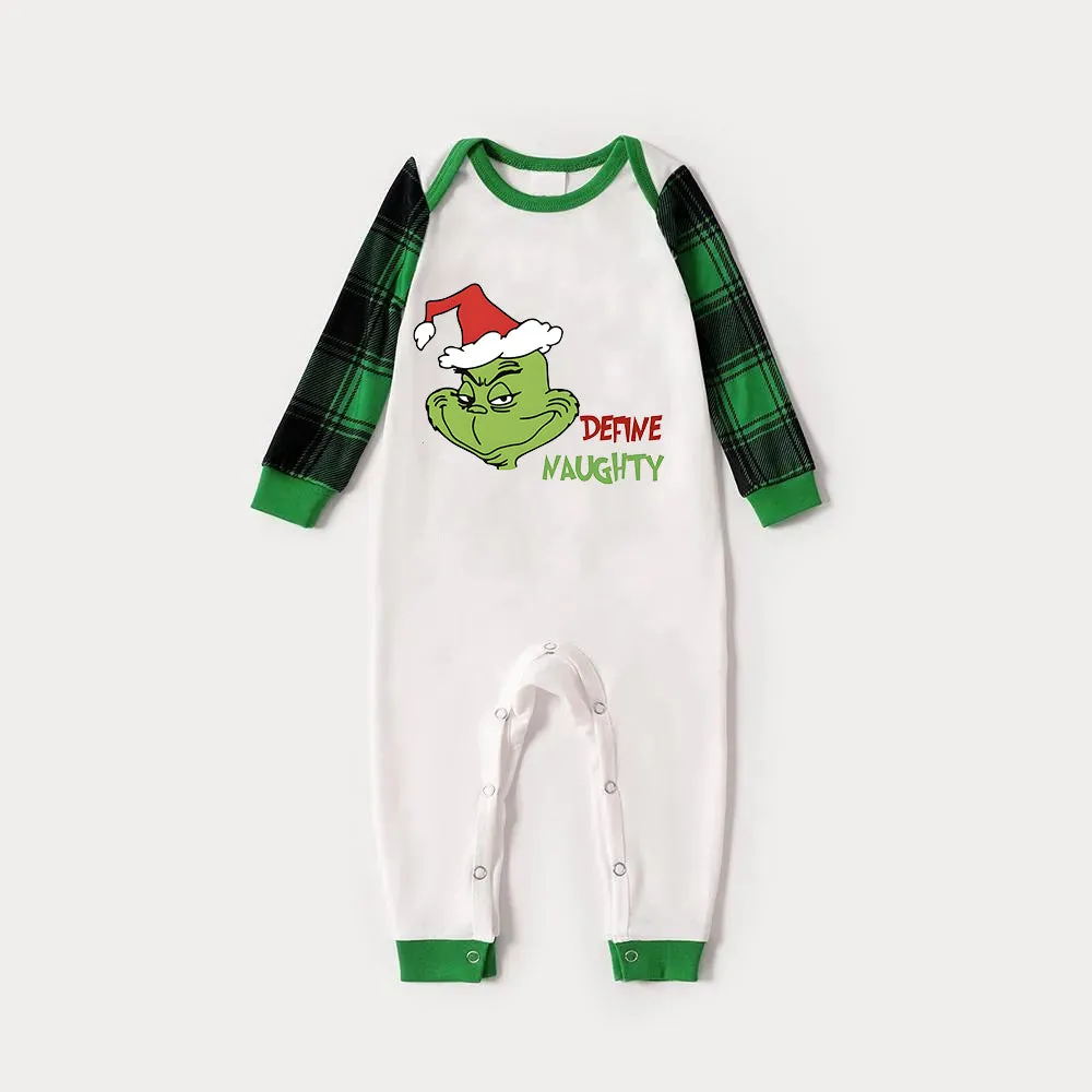 Christmas 'Define Naughty' Letter Print Patterned Casual Long Sleeve Sweatshirts Green Contrast Tops and Black and Green Plaid Pants  Family Matching Raglan Long-sleeve Pajamas Sets With Dog Bandana