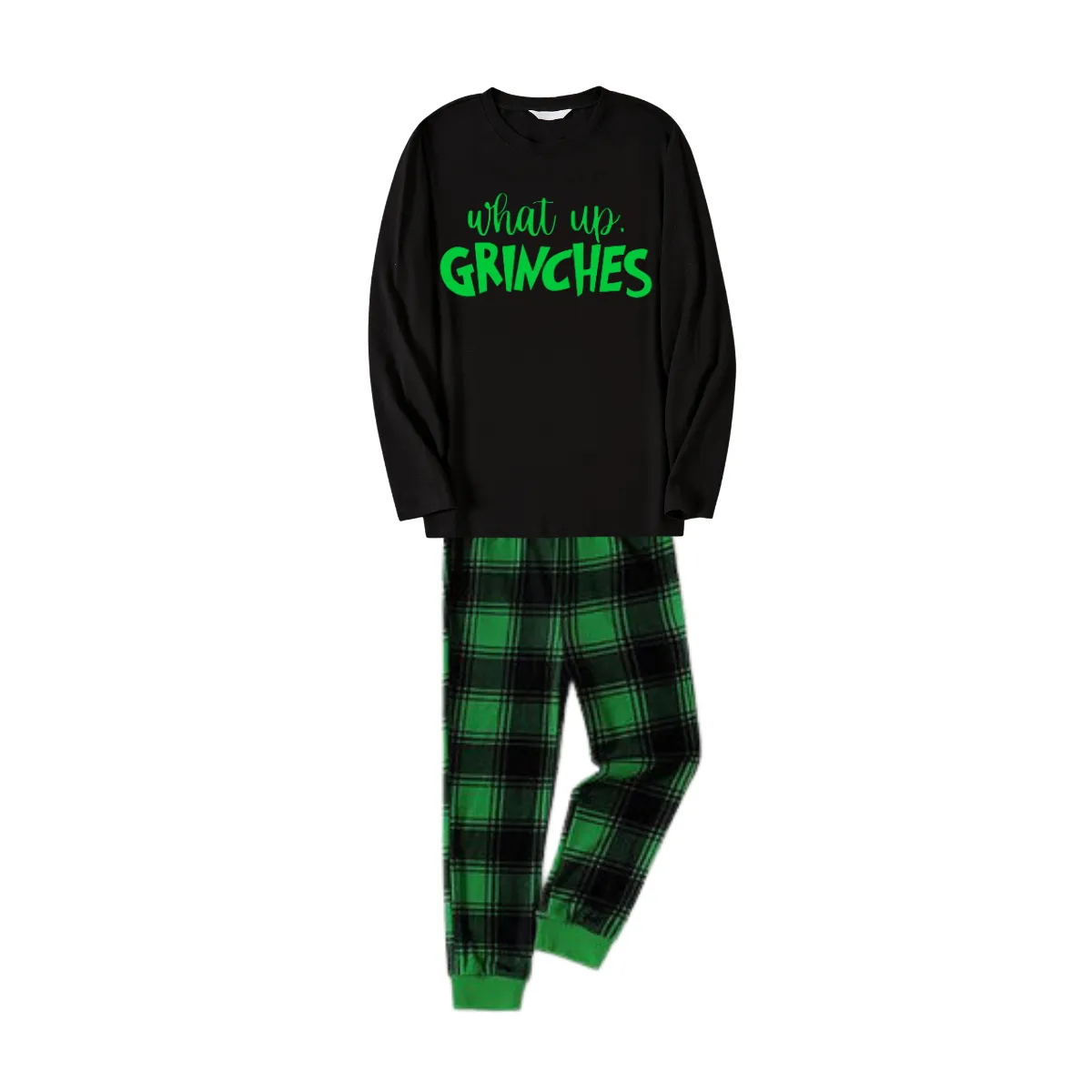 Christmas Text Print Black Long Sleeve Top with Green and Black Plaid Family Matching Pajamas