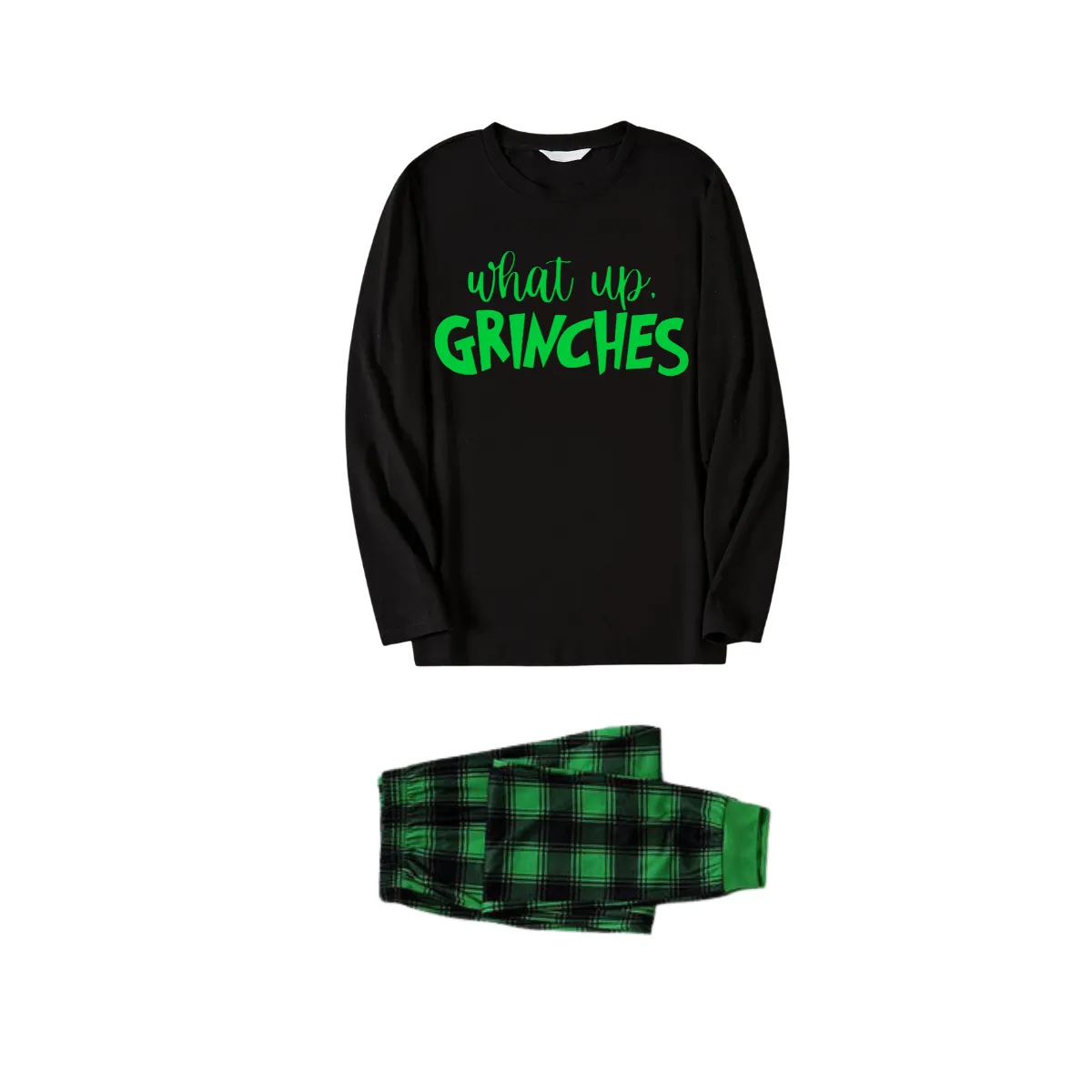 Christmas Text Print Black Long Sleeve Top with Green and Black Plaid Family Matching Pajamas