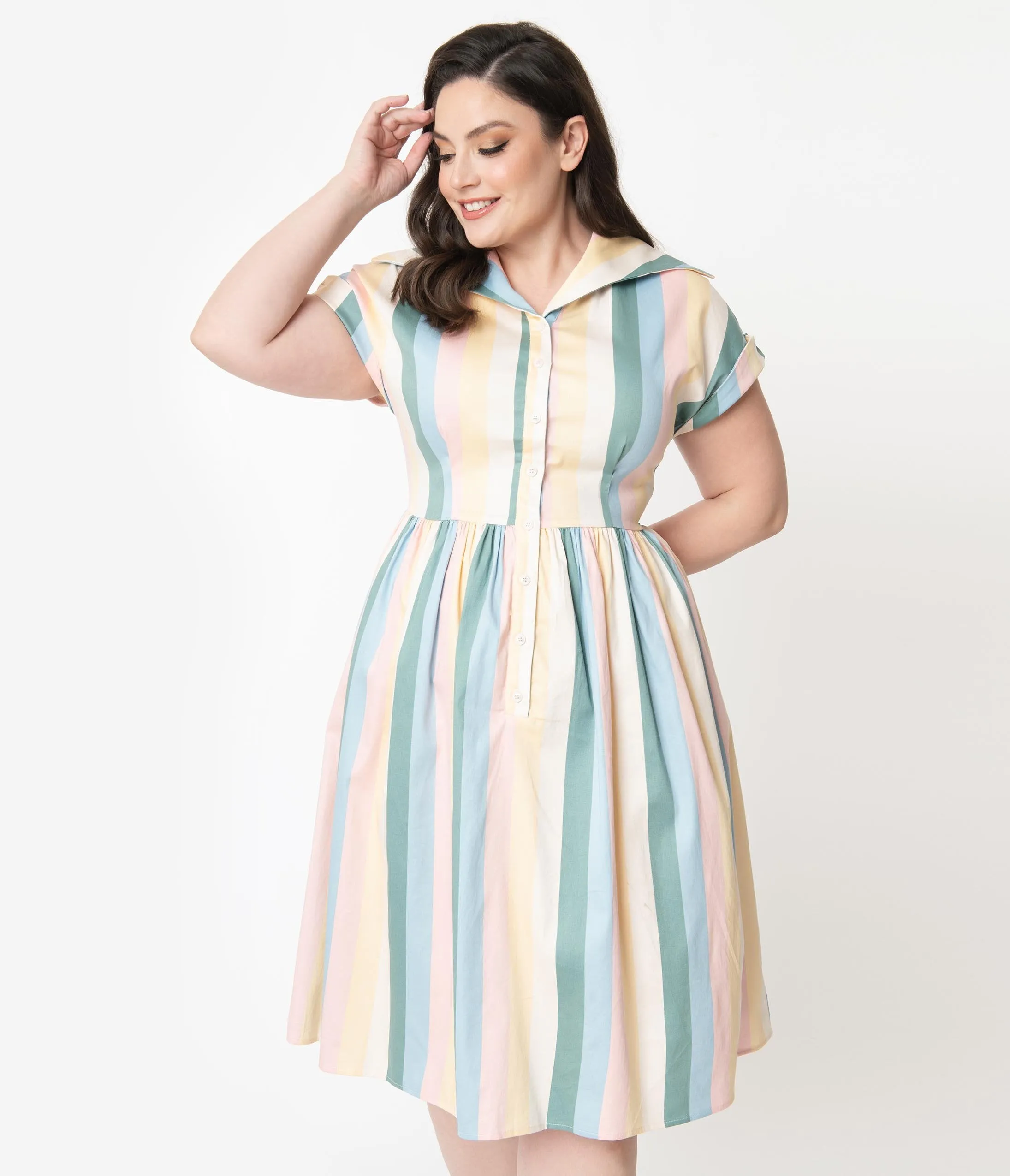 Collectif Plus Size Pastel Teacup Stripe Judy Swing Dress