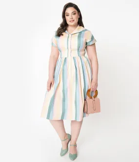 Collectif Plus Size Pastel Teacup Stripe Judy Swing Dress