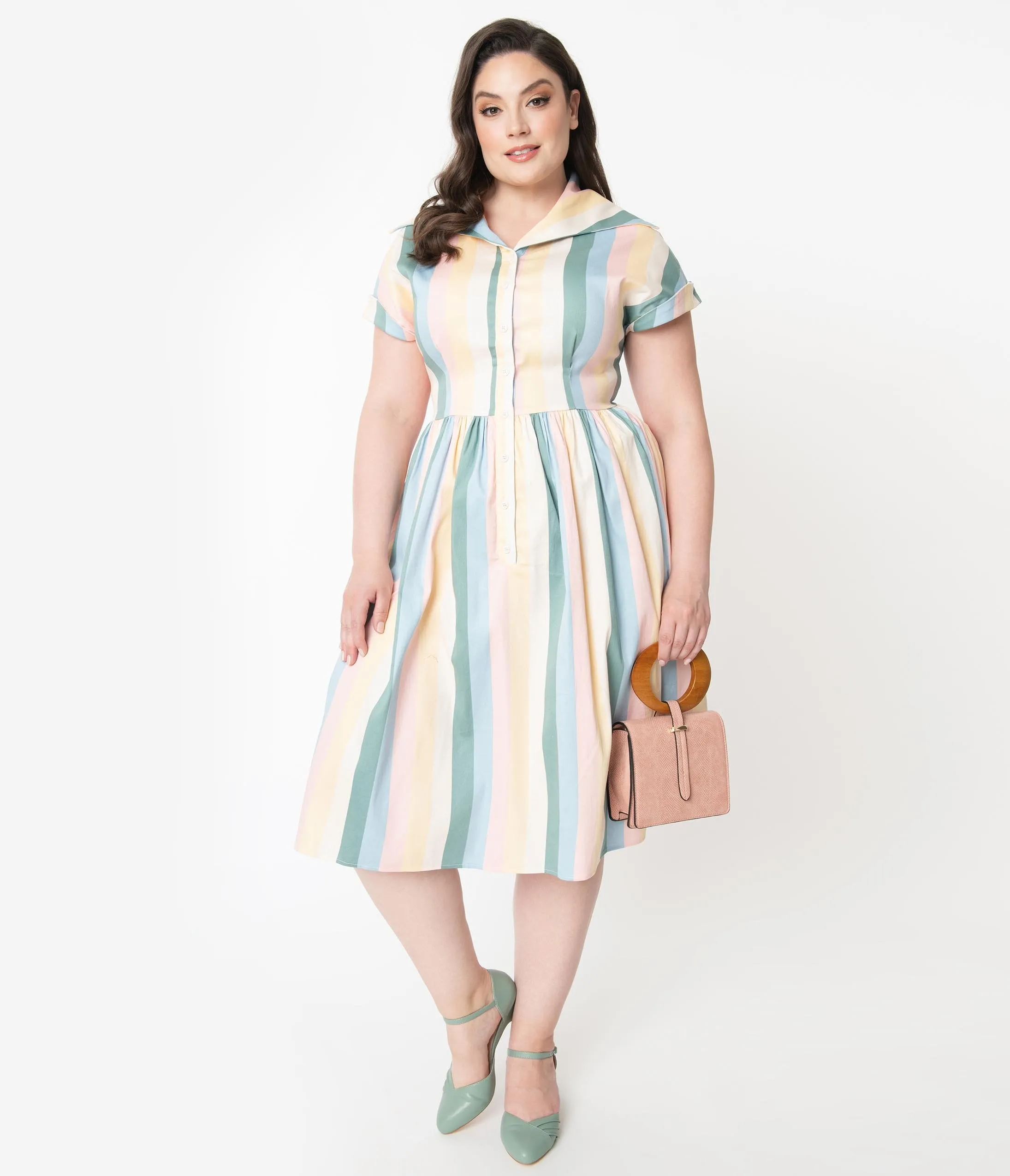 Collectif Plus Size Pastel Teacup Stripe Judy Swing Dress