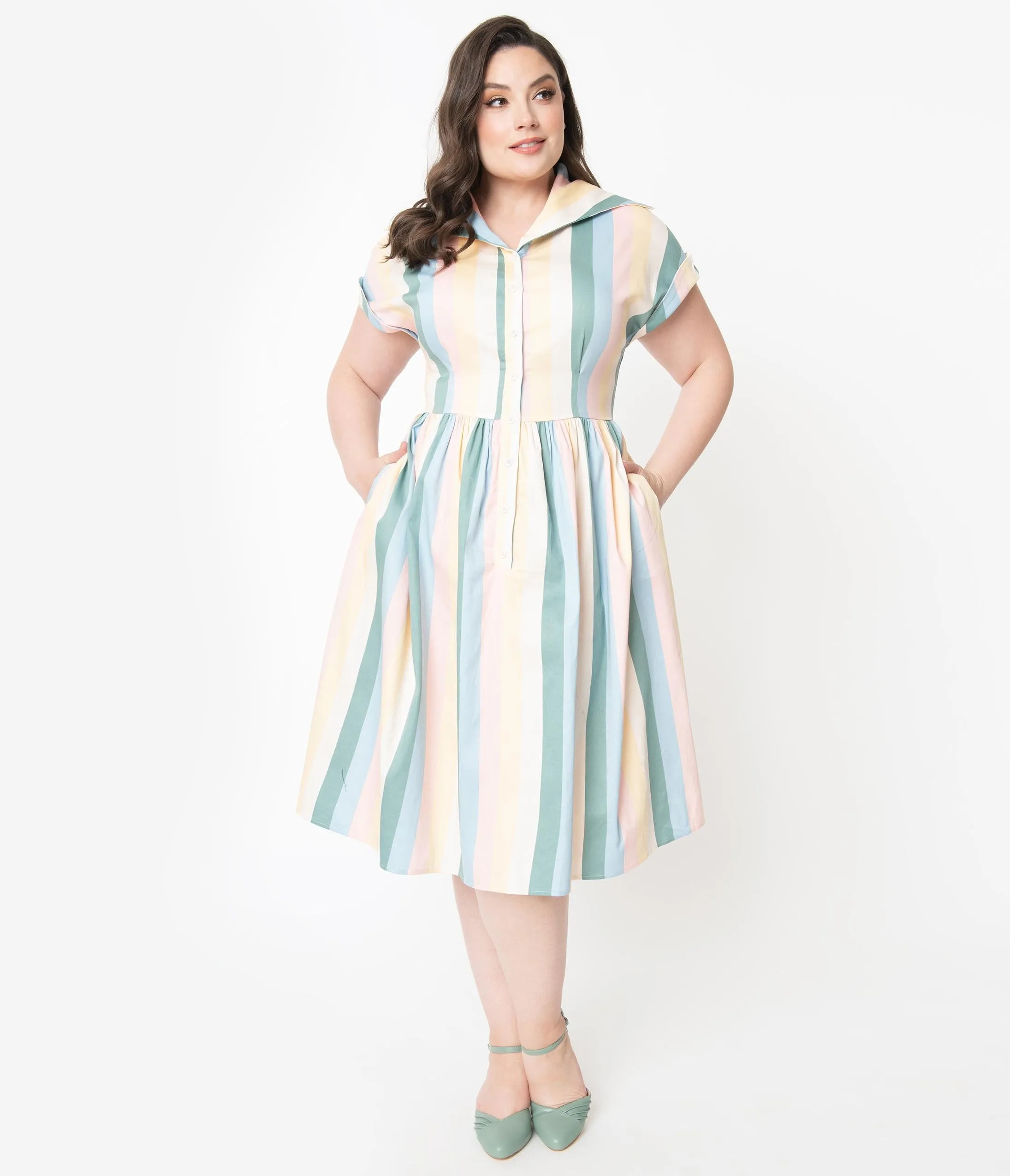 Collectif Plus Size Pastel Teacup Stripe Judy Swing Dress