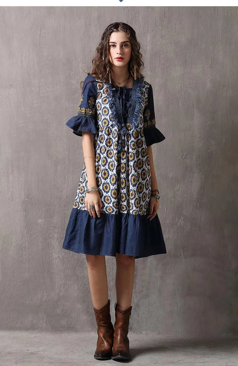 Denim Floral Print Women Dress