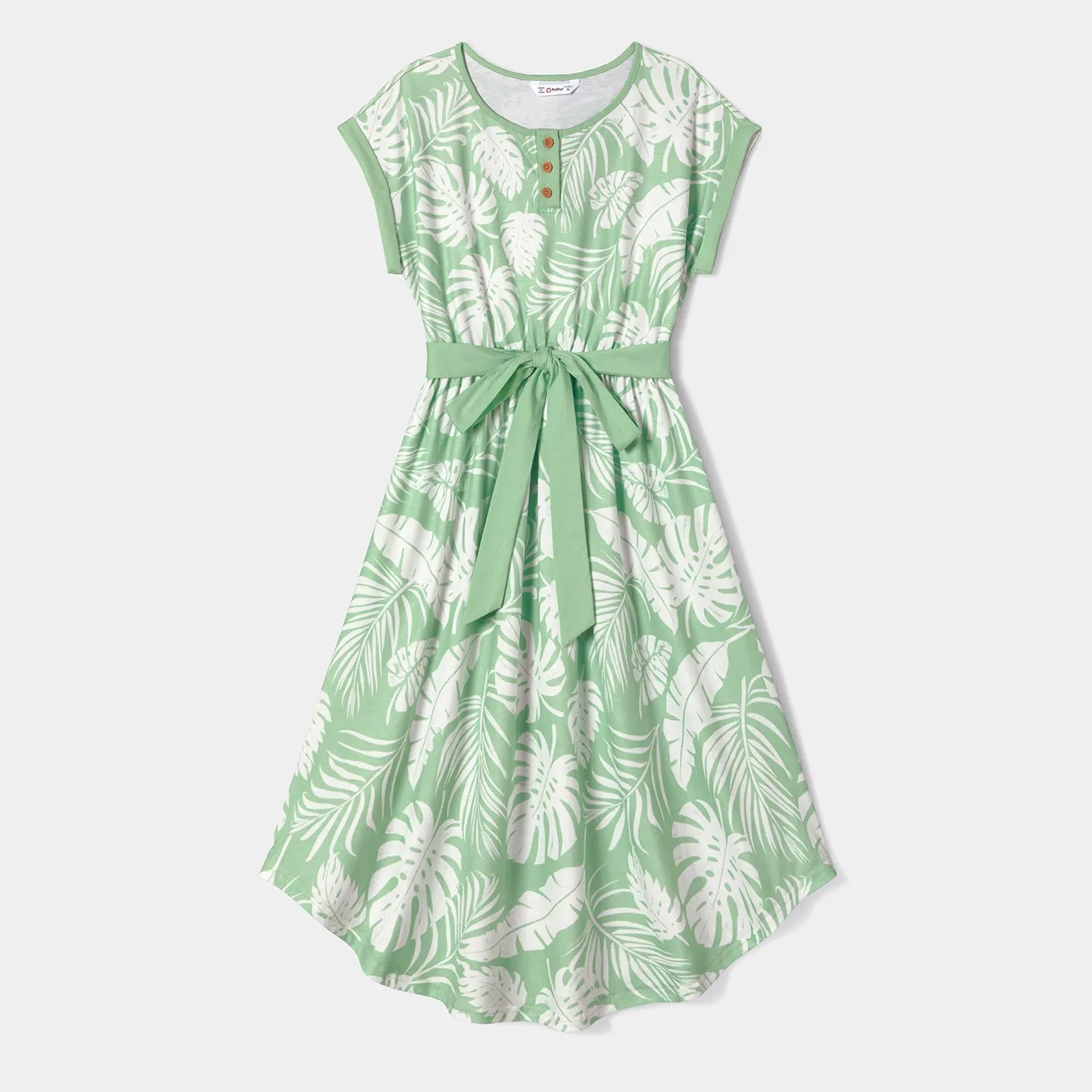 Family Matching Allover Plant Print Curved Hem Belted Dresses and Short-sleeve T-shirts Sets