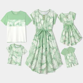 Family Matching Allover Plant Print Curved Hem Belted Dresses and Short-sleeve T-shirts Sets