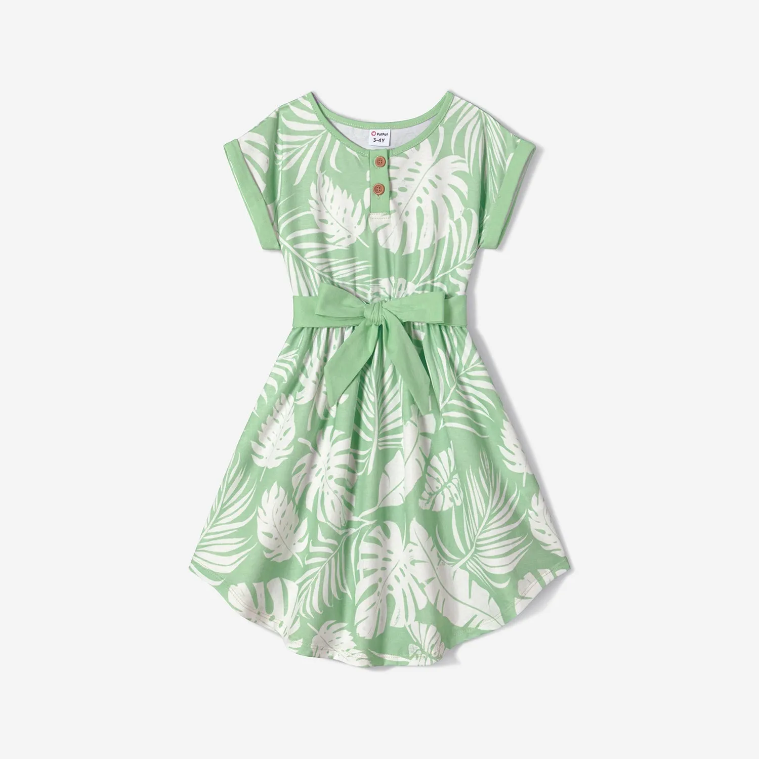 Family Matching Allover Plant Print Curved Hem Belted Dresses and Short-sleeve T-shirts Sets