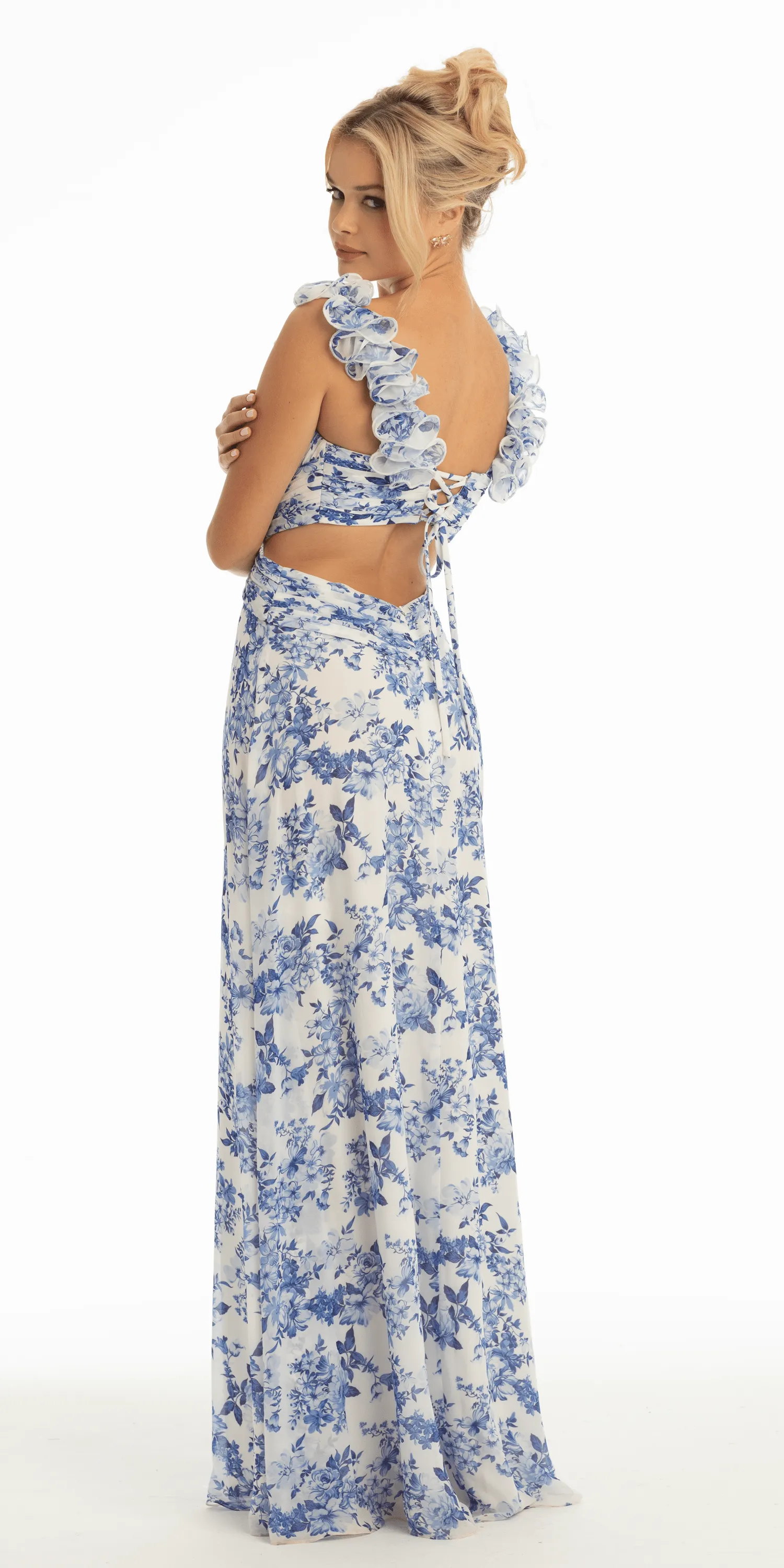 Floral Print Chiffon Column Dress with Ruffle Shoulders