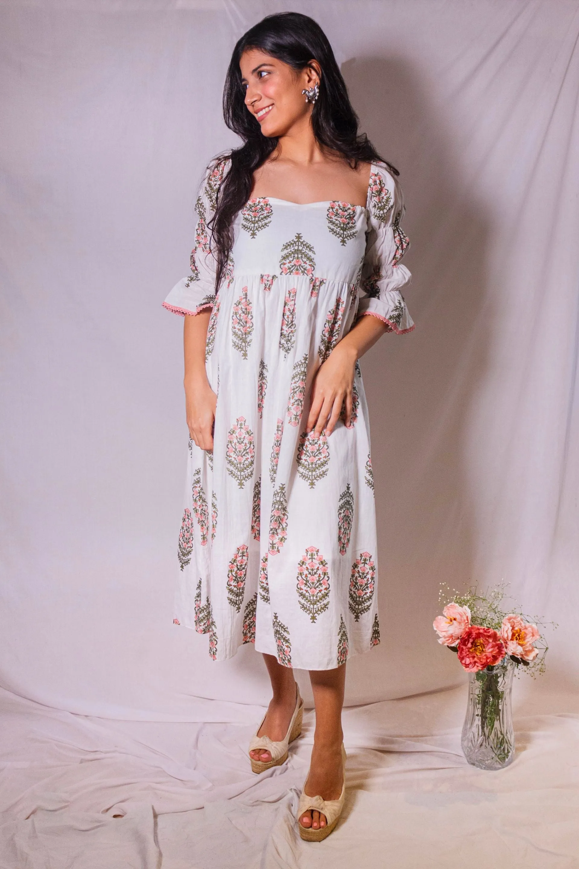 Floral Pure Cotton White And Pink Dress With Attached Lining