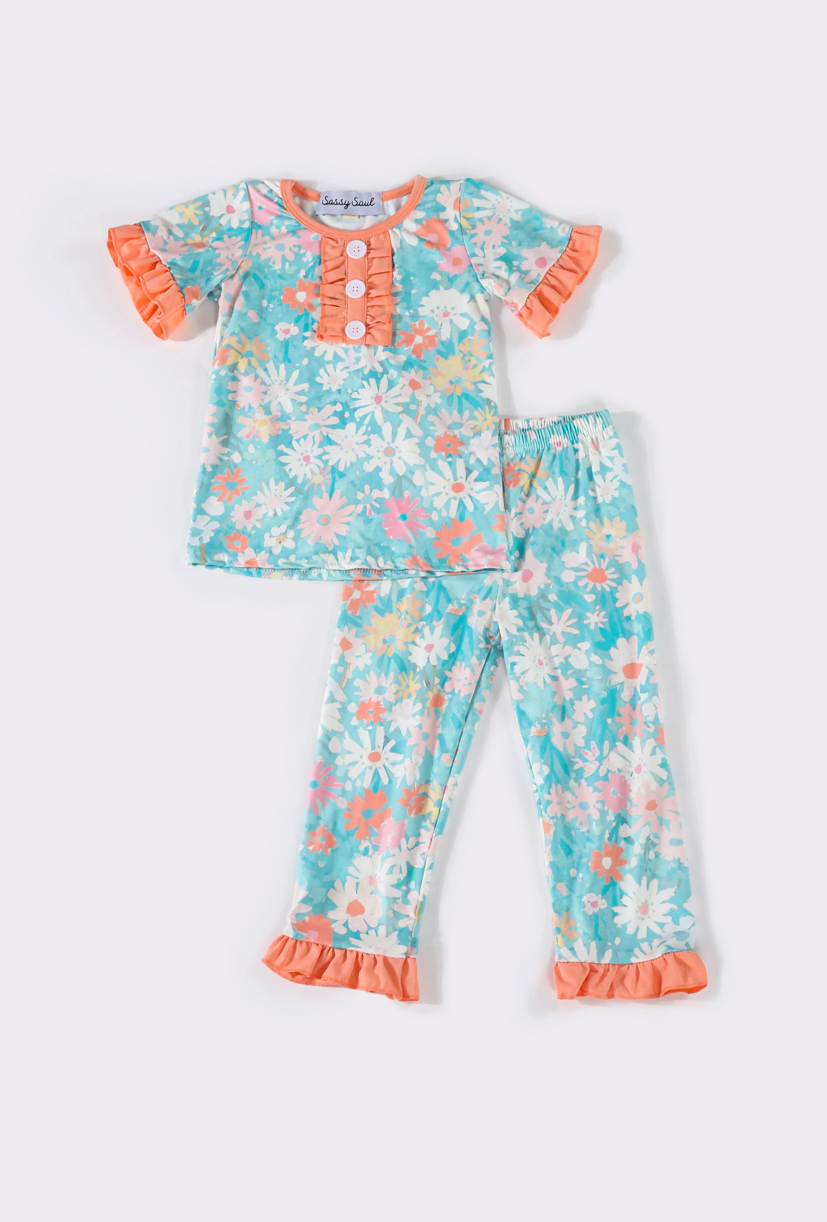 Green floral ruffle pajamas set