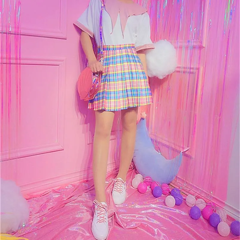 Harajuku Plaid Pleated Skirt High Waist Casual Rainbow A-Line Skirt Female Bottoms Midi Skirt