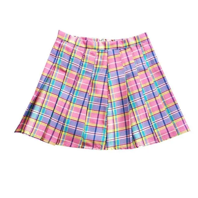 Harajuku Plaid Pleated Skirt High Waist Casual Rainbow A-Line Skirt Female Bottoms Midi Skirt