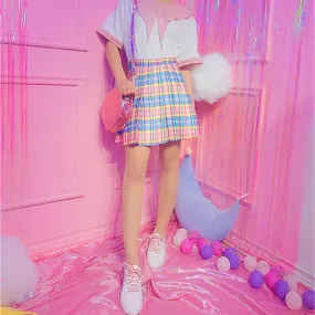 Harajuku Plaid Pleated Skirt High Waist Casual Rainbow A-Line Skirt Female Bottoms Midi Skirt