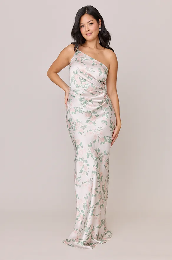 Jade Satin Floral Print Dress | Made To Order