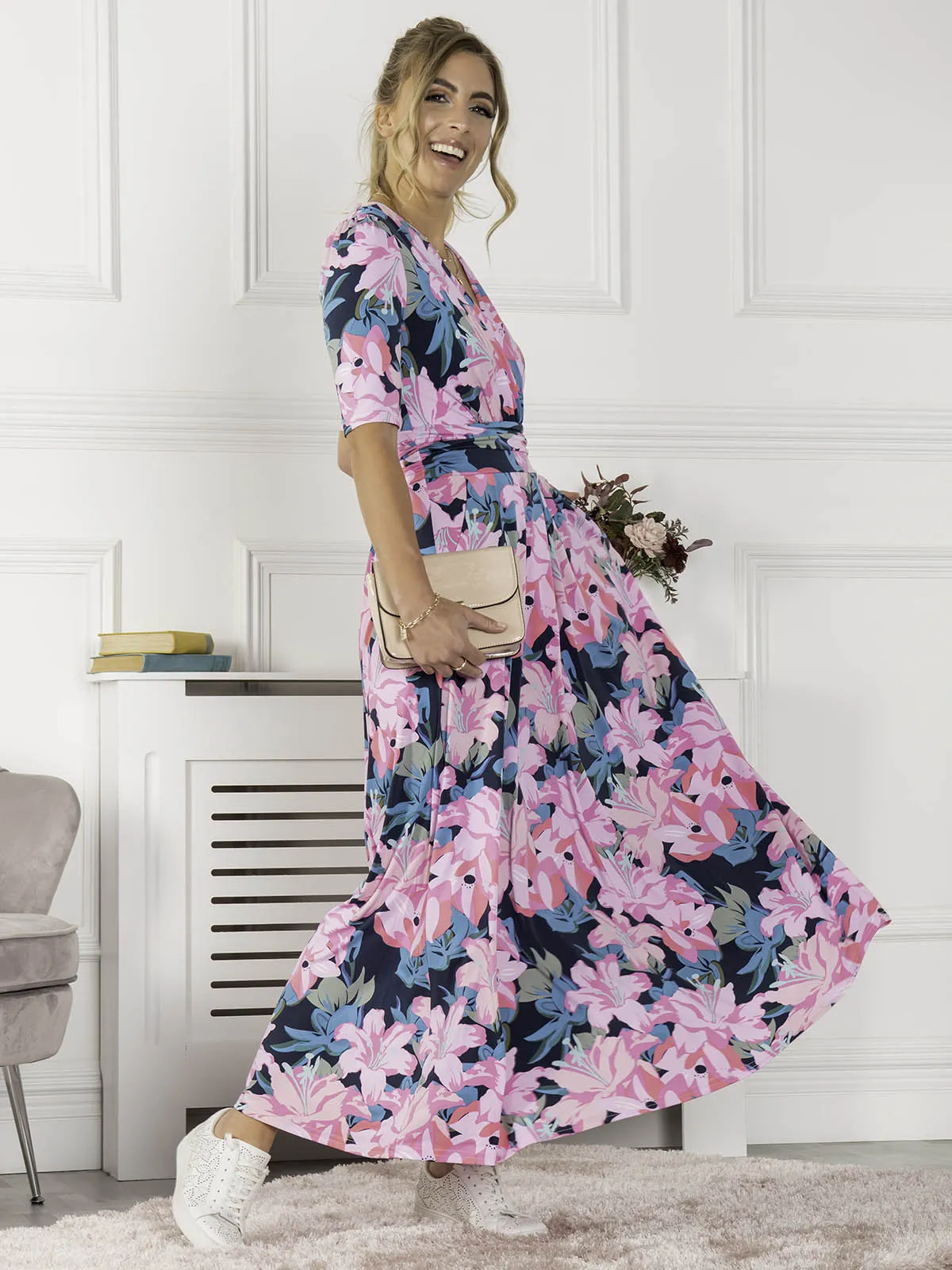 Jolie Moi Freya Floral Print Maxi Dress, Pink Floral