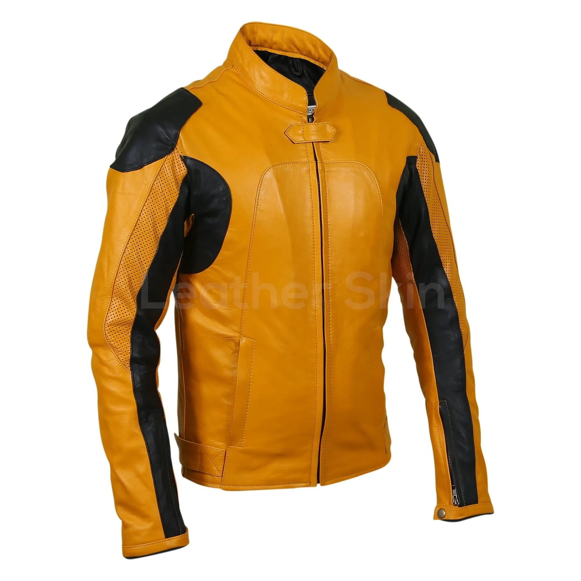 Men Yellow Biker Motorcycle Leather Jacket with Perforations