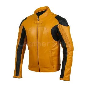 Men Yellow Biker Motorcycle Leather Jacket with Perforations