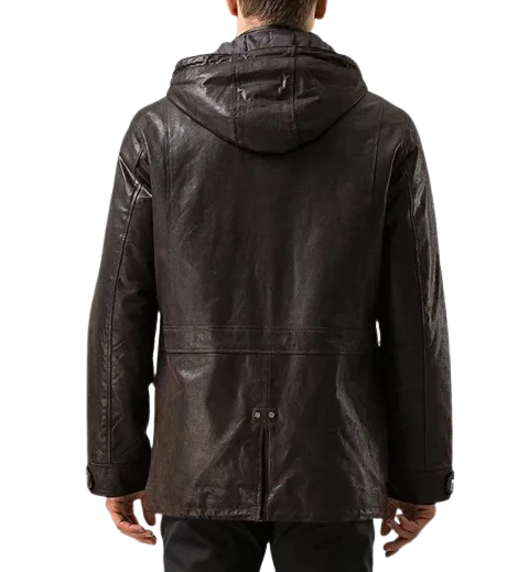 Mens Jax Front Button Choco Brown Hooded Leather Coat