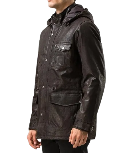 Mens Jax Front Button Choco Brown Hooded Leather Coat