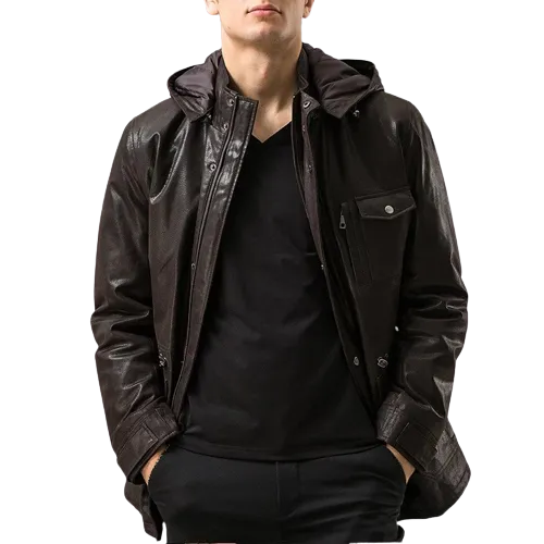 Mens Jax Front Button Choco Brown Hooded Leather Coat