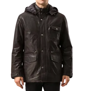 Mens Jax Front Button Choco Brown Hooded Leather Coat