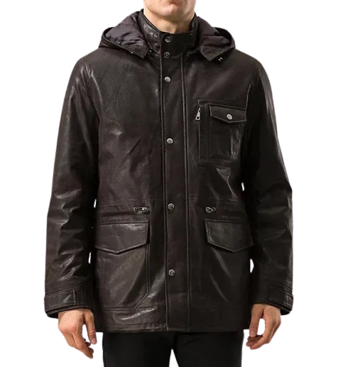 Mens Jax Front Button Choco Brown Hooded Leather Coat