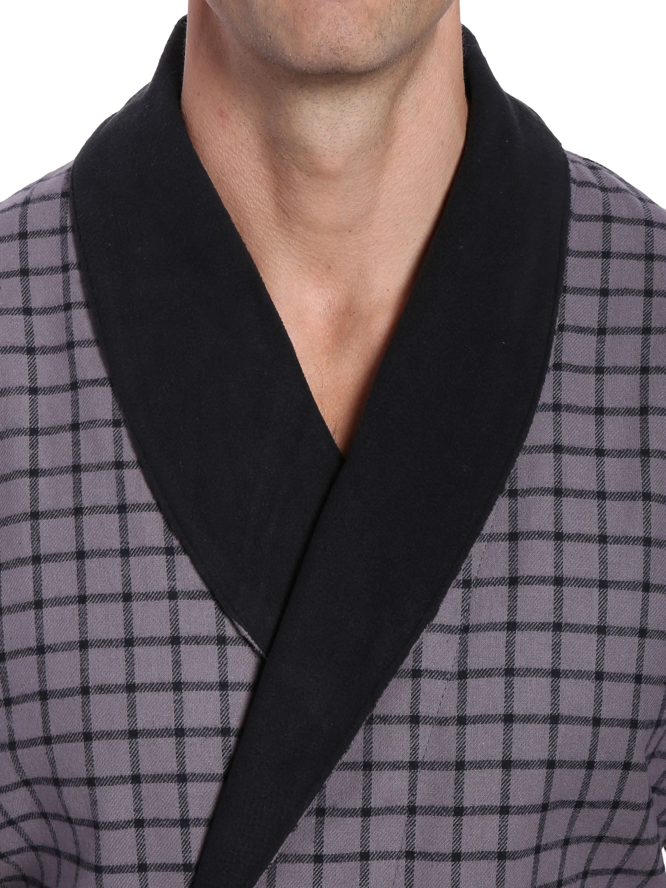 Mens Premium 100% Cotton Flannel Fleece Lined Robe - Checks Charcoal-Black