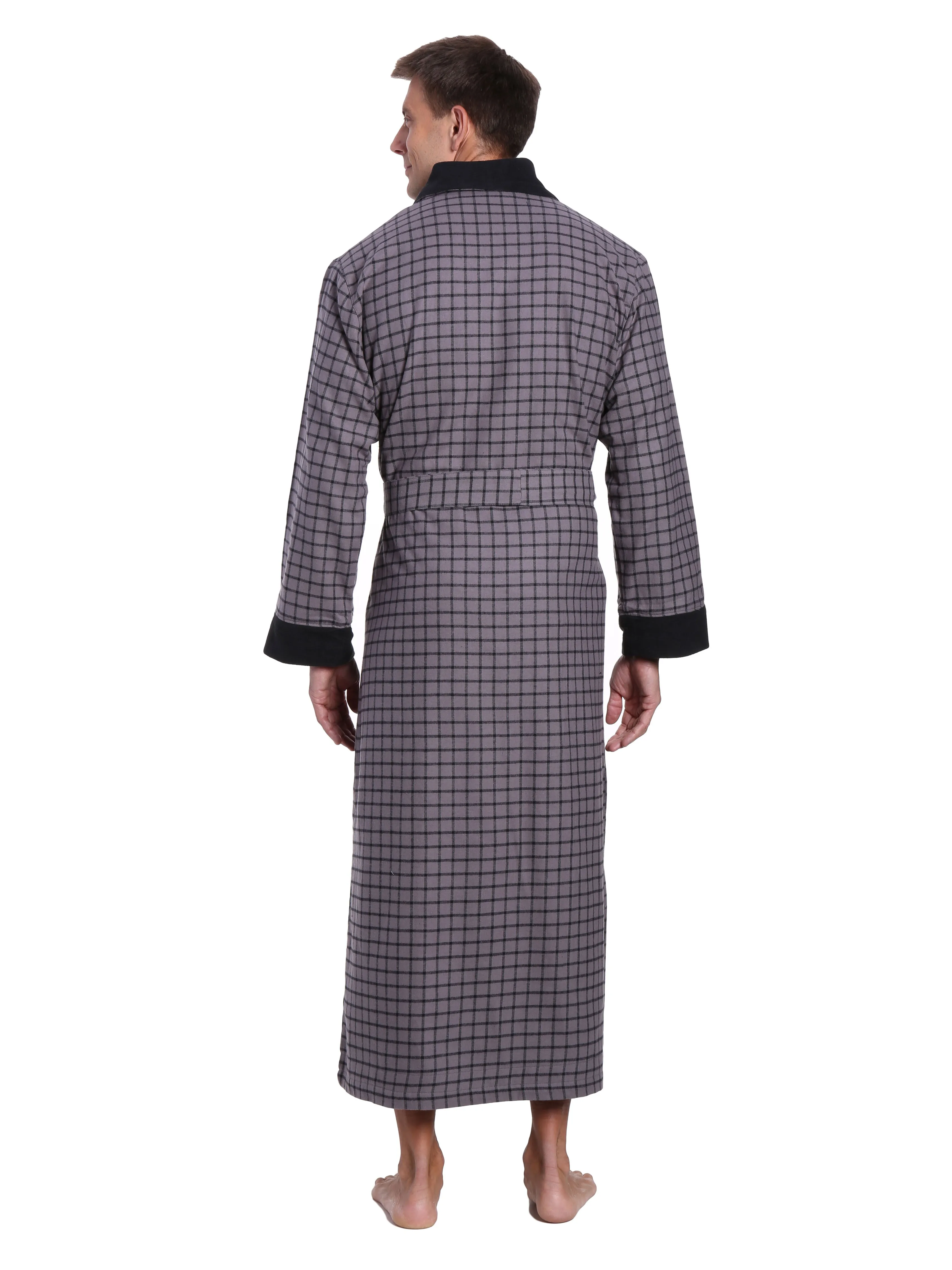 Mens Premium 100% Cotton Flannel Fleece Lined Robe - Checks Charcoal-Black