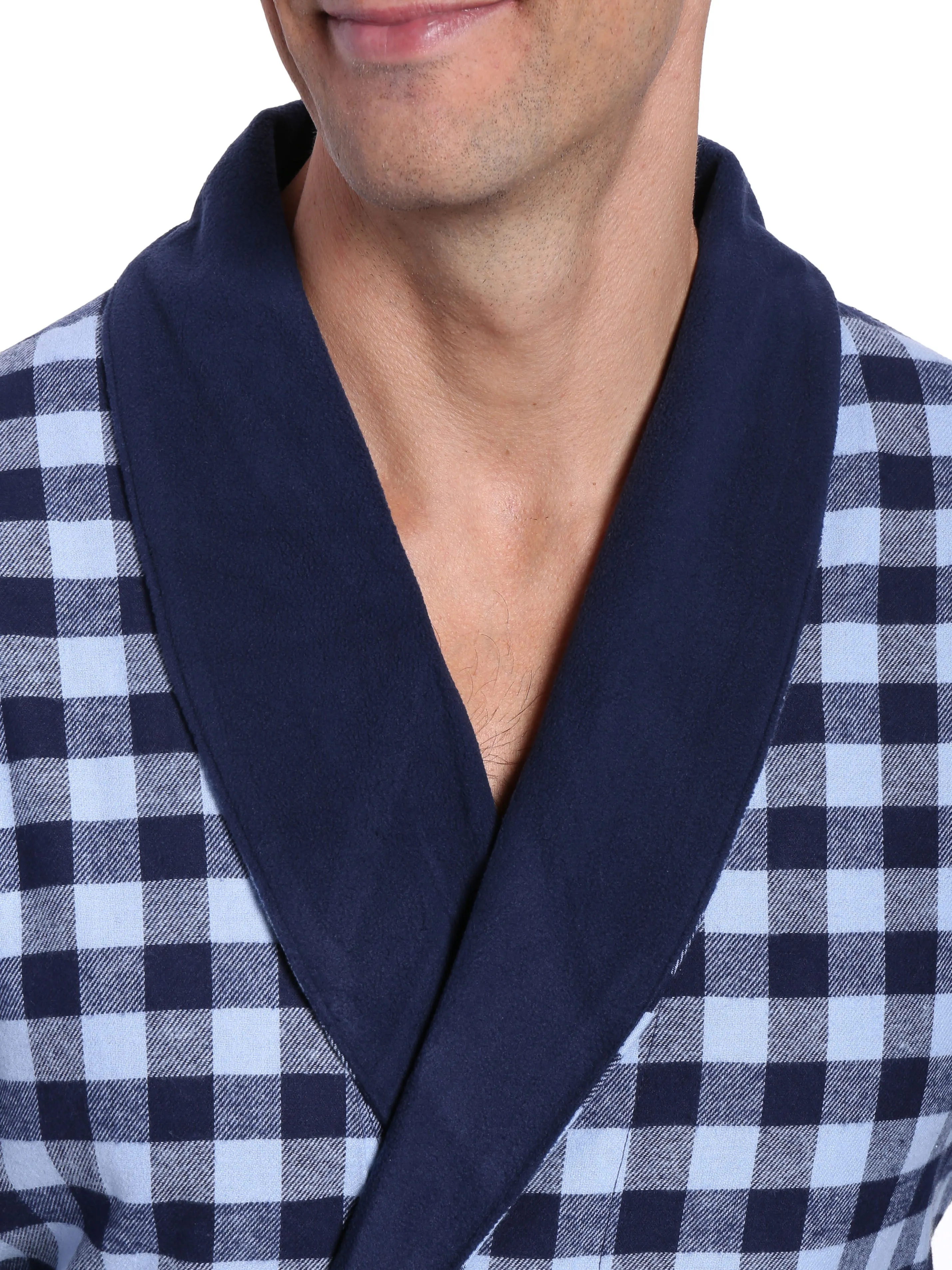 Mens Premium 100% Cotton Flannel Fleece Lined Robe - Gingham Checks - Navy Blue