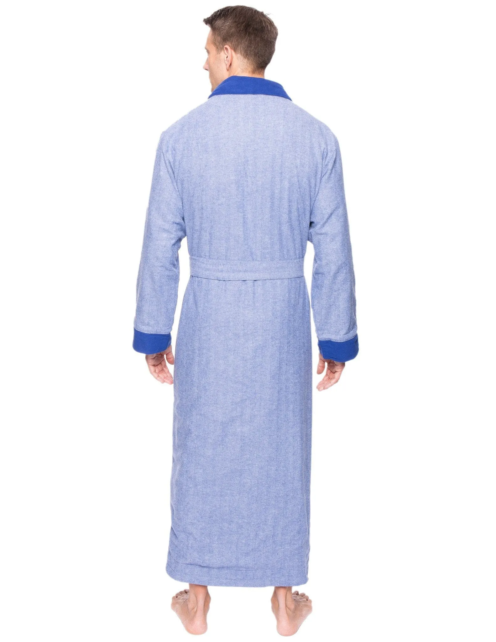 Men's Premium 100% Cotton Flannel Fleece Lined Robe - Herringbone Blue